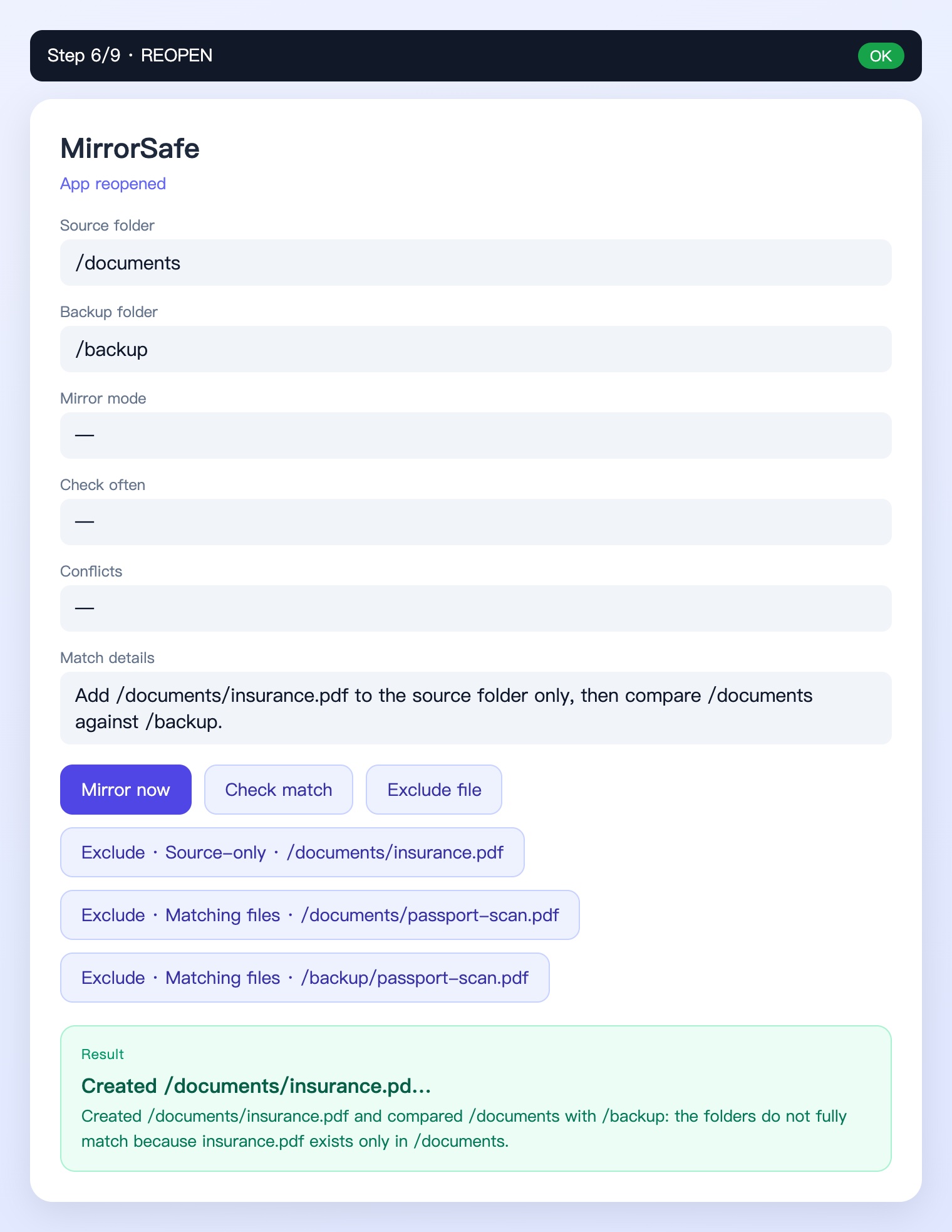 MirrorSafe surface after reopen: filled fields and the grounded comparison result persist
