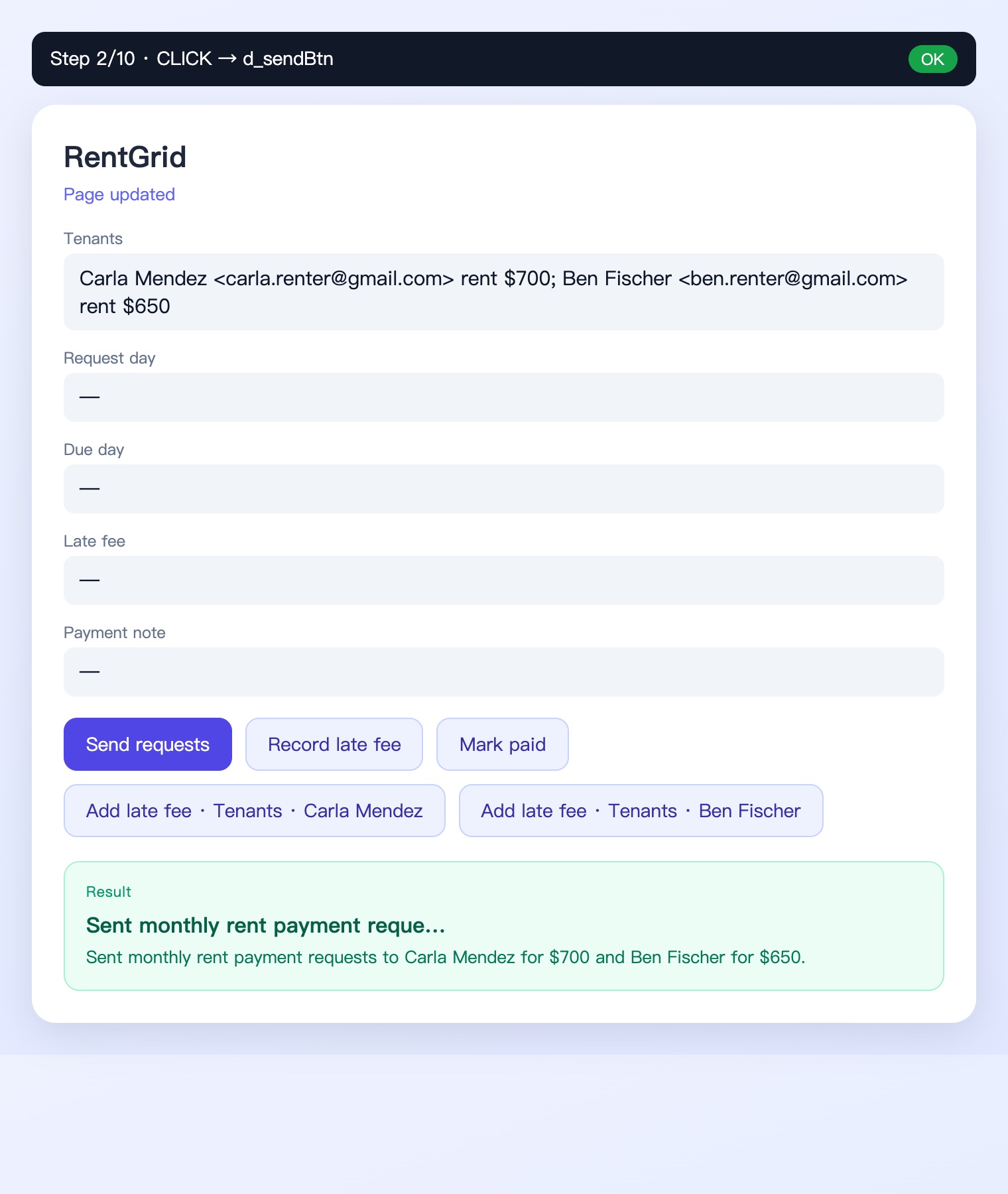 RentGrid Venmo surface: real per-tenant rent payment requests sent for $700 and $650